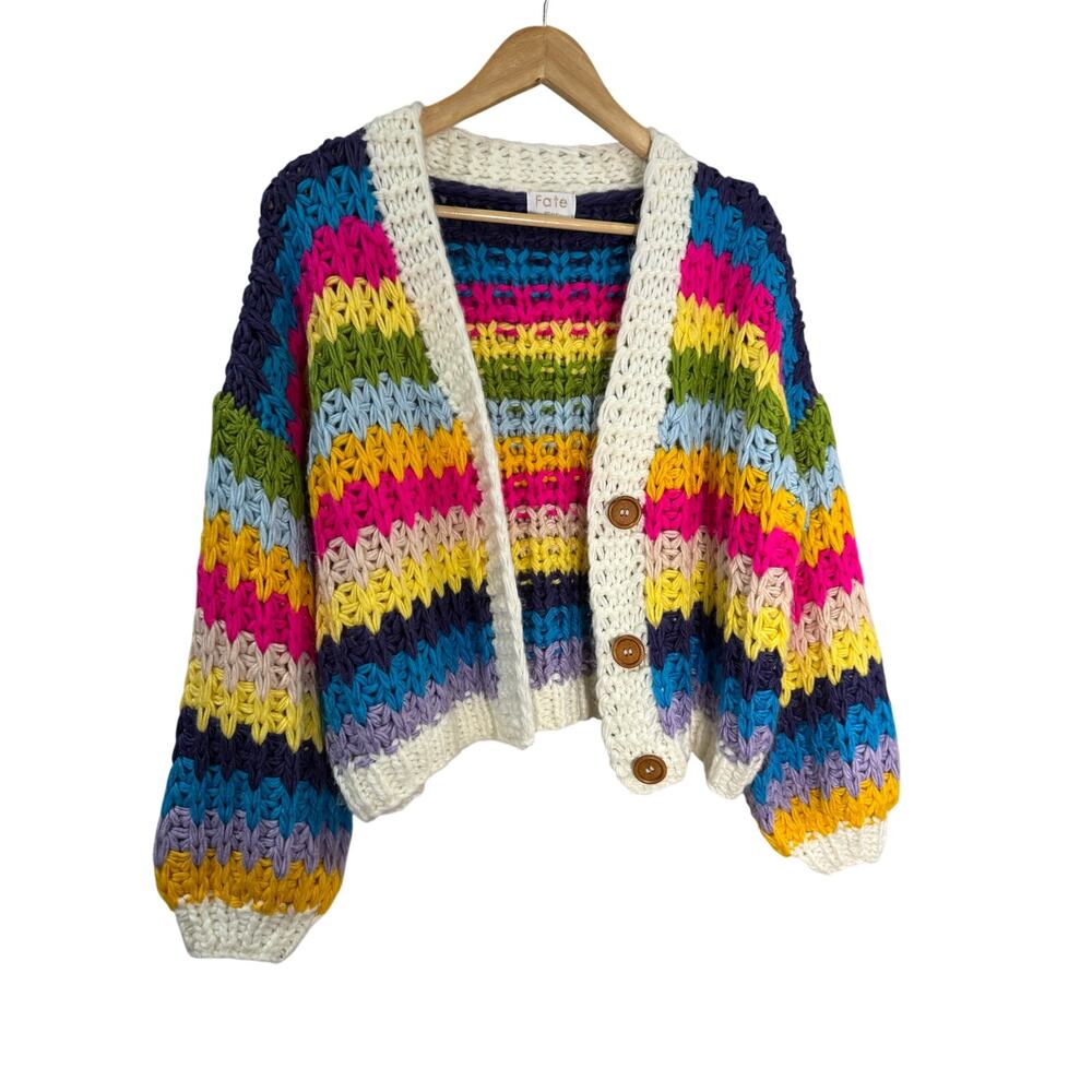 FATE Chunky Knit Rainbow Oversized Cardigan Small